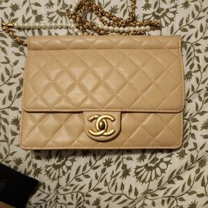 Classic Chanel double flap lamb skin beige 8 1/2 × 7-in purs